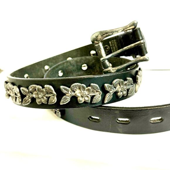 Vintage Silver Flower Embellished Genuine Leather Belt made in Italy.